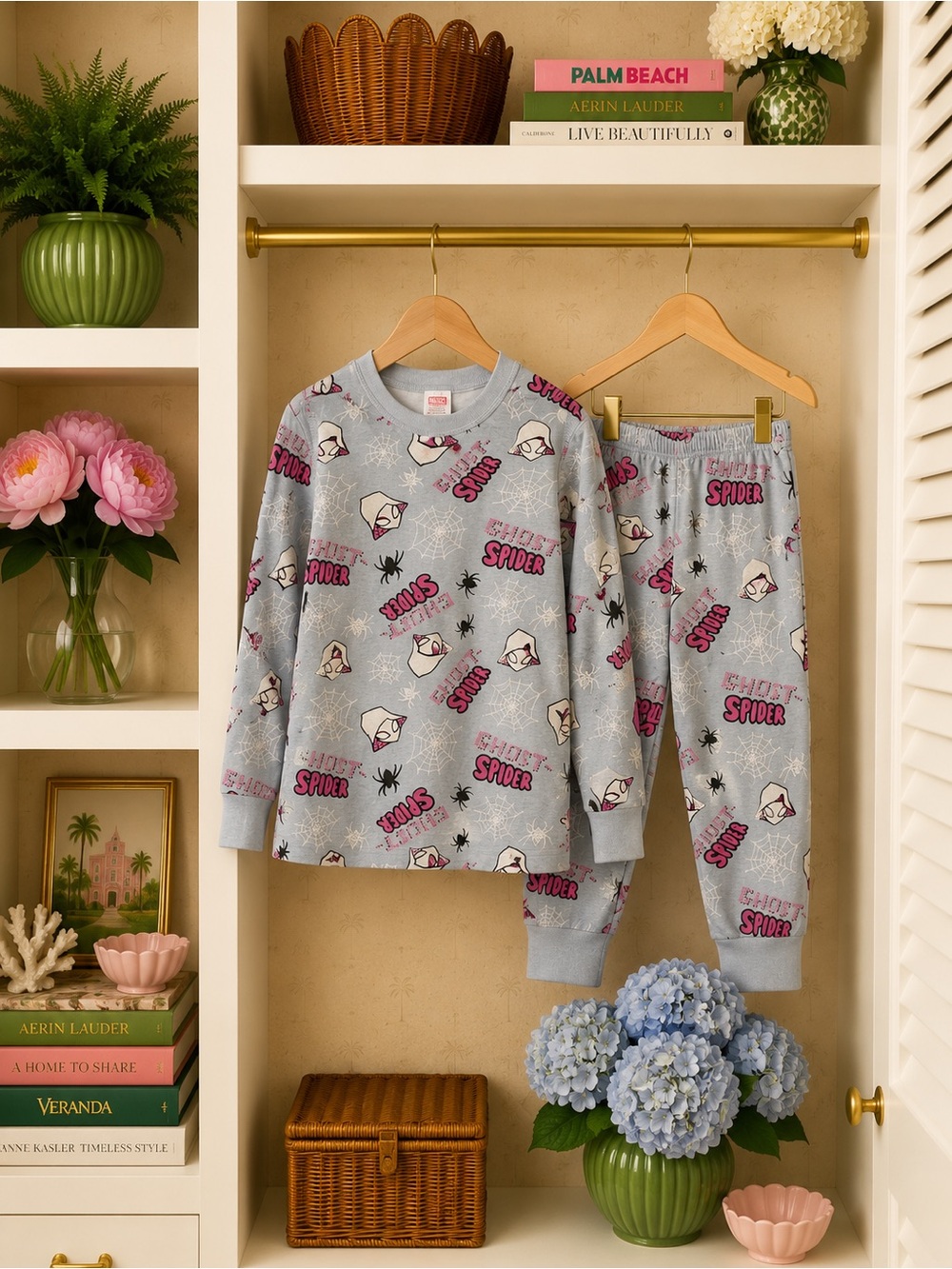 Hanna Andersson Light Gray and Pink Ghost Spider Pajama Set
